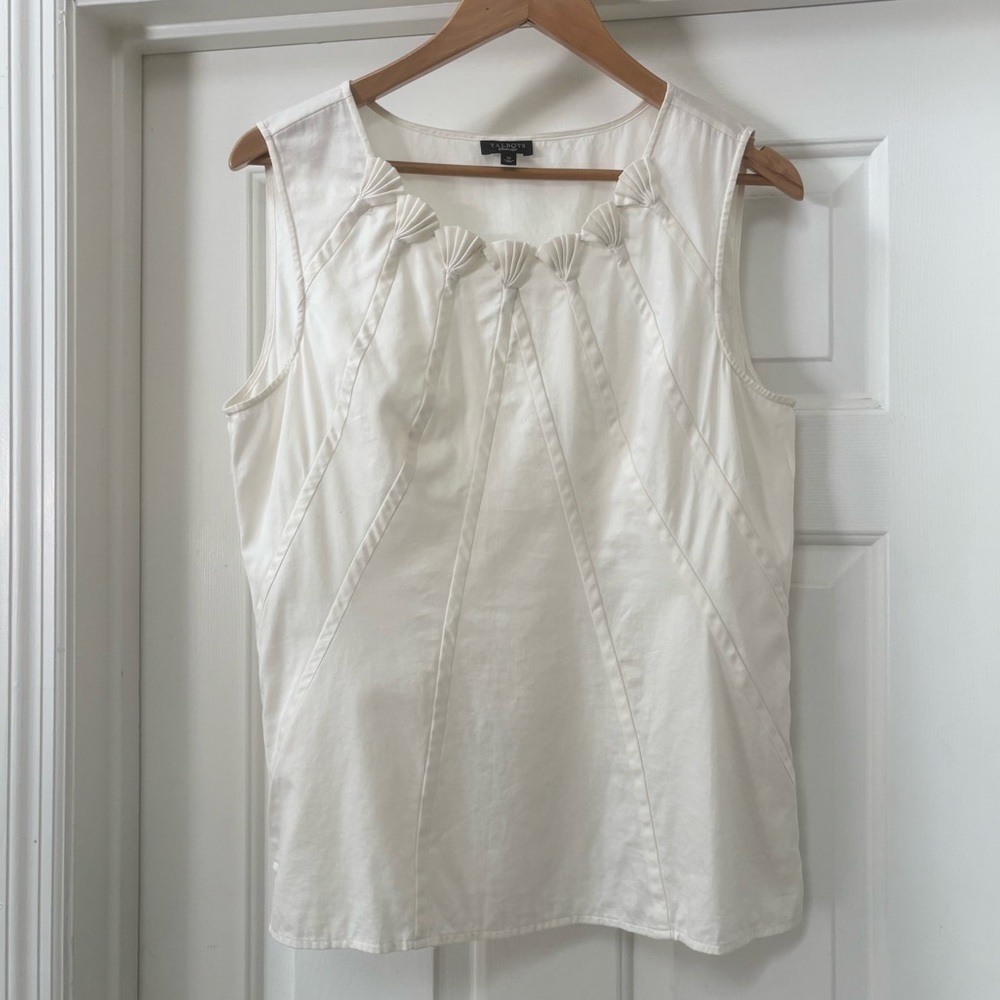 Talbots Ivory 100% Cotton Sleeveless Shell Top Pleated Detail Size 12 Classic